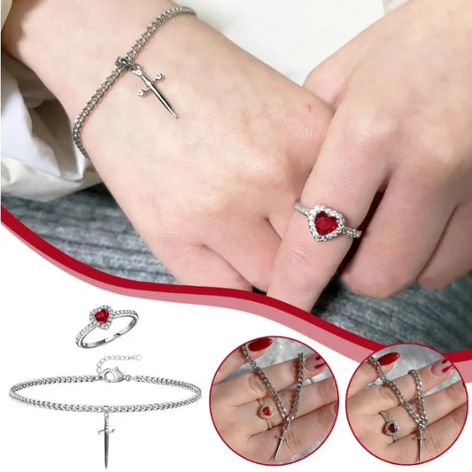 2pcs Gothic Punk One Arrow Through The Heart and Sword Couple Bracelet Ring Set Red Rhinestone Heart Dagger Y2k Choker Gifts