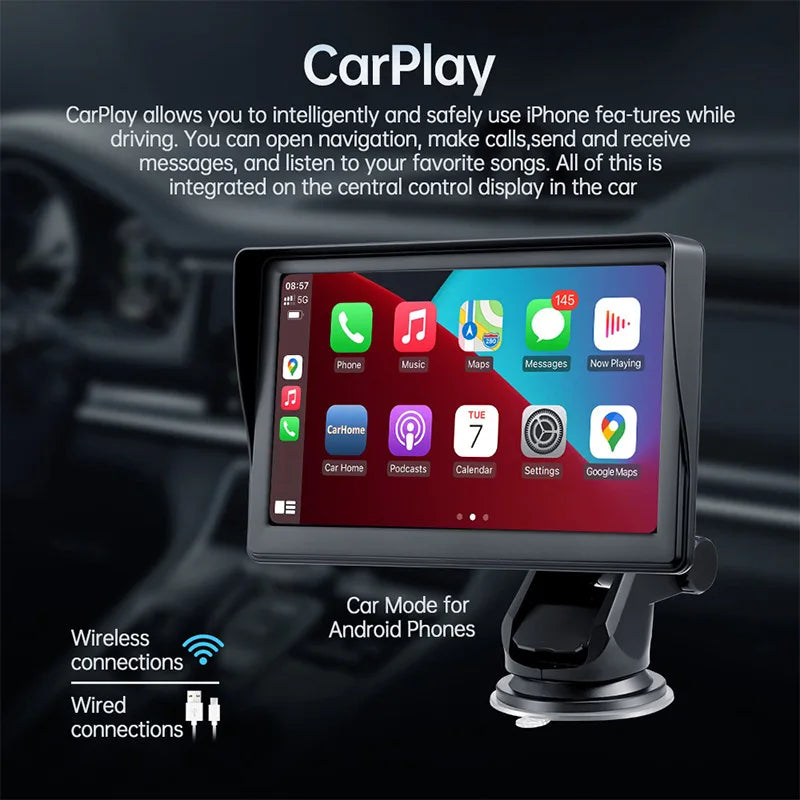 Wireless CarPlay Screen for Andriod Portable Car Play Adapter 7-inch for In-Car Entertainment Bluetooth HD Display for Vehicles