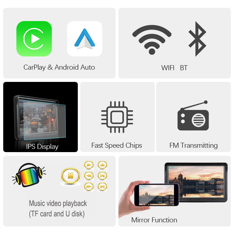 Wireless CarPlay Screen for Andriod Portable Car Play Adapter 7-inch for In-Car Entertainment Bluetooth HD Display for Vehicles
