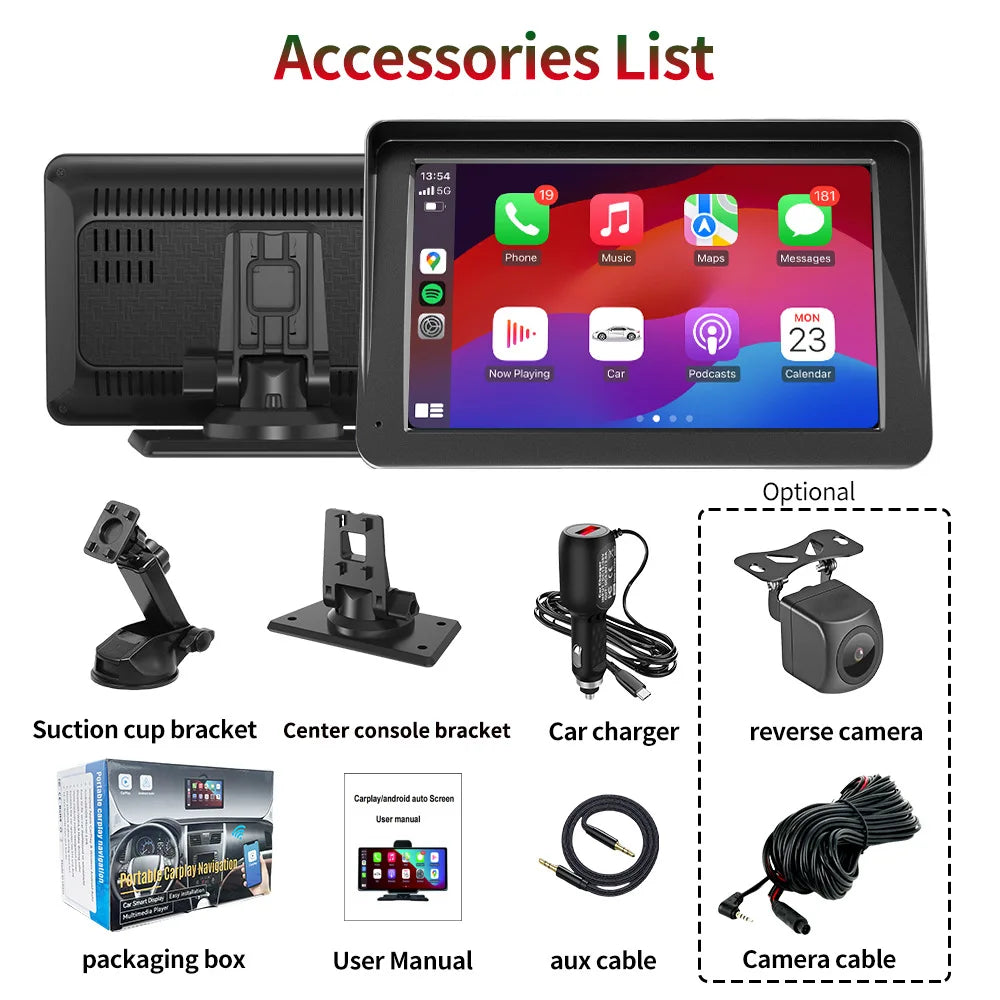 Wireless CarPlay Screen for Andriod Portable Car Play Adapter 7-inch for In-Car Entertainment Bluetooth HD Display for Vehicles